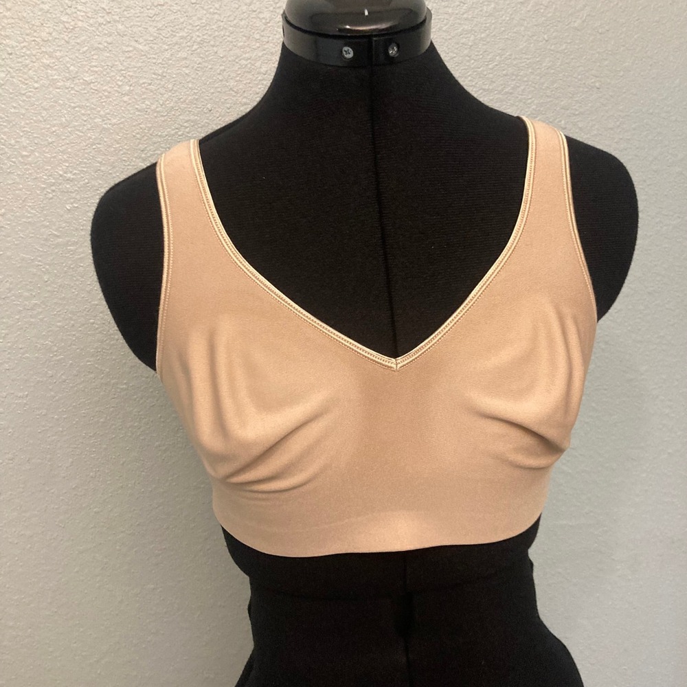 L Tan V-Neck Wireless Minimizer Comfort Bra Hook Eye Back Closure